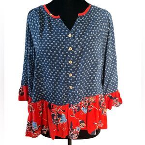 Grand & Greene Patchwork Ruffle Shirt Size Small Top Blouse Boho Anthro